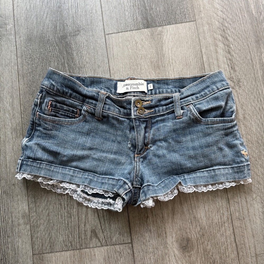 Y2K Rare Abercrombie & Fitch Low Rise Denim Shorts Lace Hem Size 0 Stretch Moose